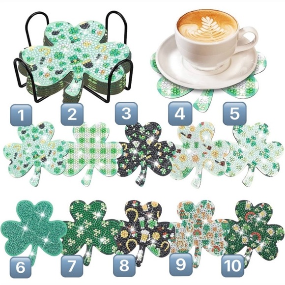 2/$16 - No. 09 - Sparkly, Diamond Art Shamrock Clover Holiday Coaster, Green - Picture 9 of 17